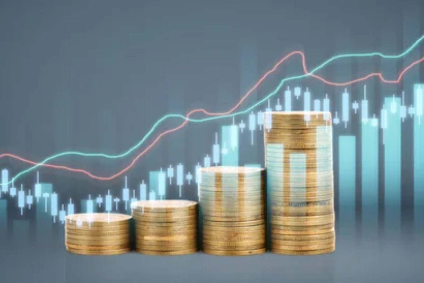 Blue grid with red arrow fluctuating on chart behind 3 stacked gold bars representing differences in gold value over time