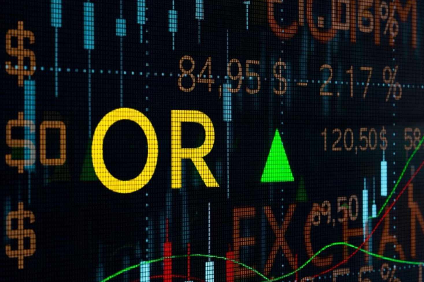 Le mot « Gold » en lettres majuscules et coloré en doré métallisé avec une flèche verte pointant vers le haut, des chiffres et le mot « exchange » en arrière-plan avec un graphique.